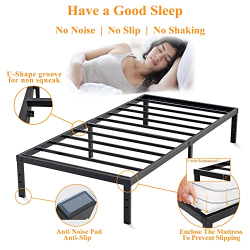 HISKIWUU Twin XL Bed Frame Heavy Duty 3000lbs 14 Inches,XL Twin Bed Frame Easy to Assemble Anti-Slip Noise Free,Bed Frame Twin XL No Box Spring Needed,Under Bed Storage,Black