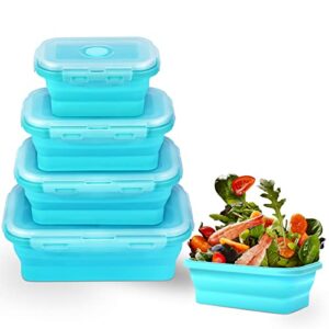 silicone lunch box, heebyoo 4 pack collapsible food storage containers with lids, bento lunch boxes, leftover meal box for kitchen, bpa free, microwave and freezer safe, foldable thin box design
