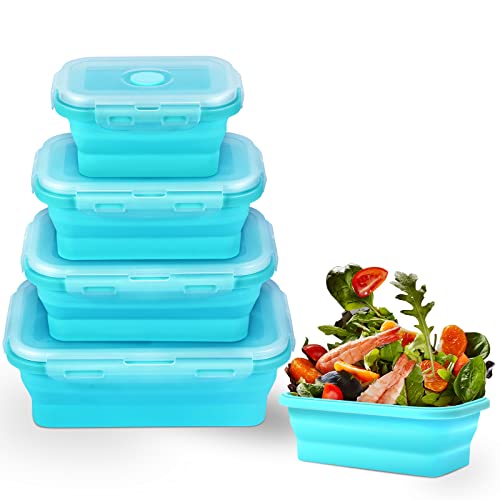 Silicone Lunch Box, Heebyoo 4 Pack Collapsible Food Storage Containers with Lids, Bento Lunch Boxes, Leftover Meal box For Kitchen, BPA Free, Microwave and Freezer Safe, Foldable Thin box Design