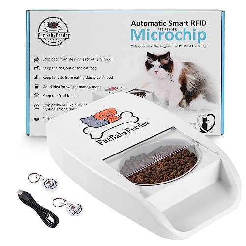 FurBabyFeeder Automatic Microchip Pet Feeder - Uses RFID Collar Tag - Multi-Pet - LCD Display - Suitable for Both Wet and Dry Food (White)