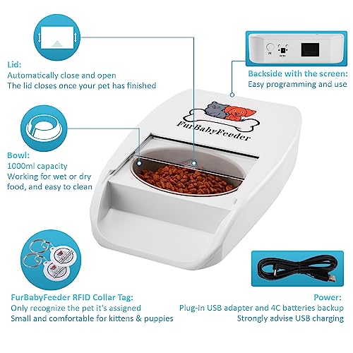 FurBabyFeeder Automatic Microchip Pet Feeder - Uses RFID Collar Tag - Multi-Pet - LCD Display - Suitable for Both Wet and Dry Food (White)