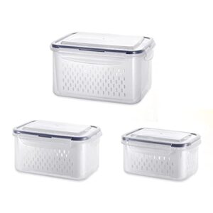 sunplume 3 pack fruit storage containers for refrigerator, produce saver vegetable and fruit container with drain colanders, bpa-free refrigerator organizer for lettuce berry keepers
