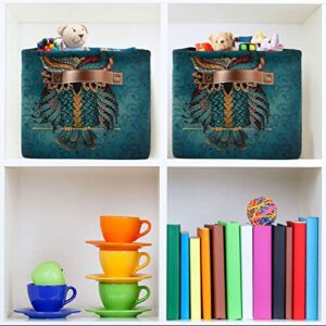 ALAZA Indian Owl Flower Ethnic Large Storage Basket with Handles Foldable Decorative 1 Pack Storage Bin Box for Organizing Living Room Shelves Office Closet Clothes