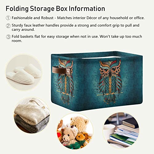 ALAZA Indian Owl Flower Ethnic Large Storage Basket with Handles Foldable Decorative 1 Pack Storage Bin Box for Organizing Living Room Shelves Office Closet Clothes