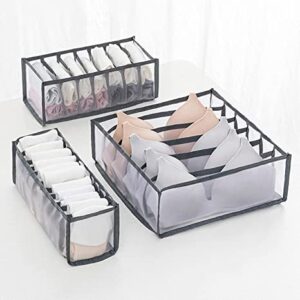 underwear drawer organizer, 3 pcs bra sock drawer organizers for women, foldable closet storage drawer divider for underwear socks clothes stockings scarves ties and bras（6/7/11 compartments, grey）