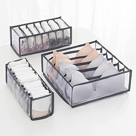 Underwear Drawer Organizer, 3 PCS Bra Sock Drawer Organizers for Women, Foldable Closet Storage Drawer Divider for Underwear Socks Clothes Stockings Scarves Ties and Bras（6/7/11 Compartments, Grey）