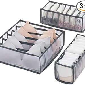 Underwear Drawer Organizer, 3 PCS Bra Sock Drawer Organizers for Women, Foldable Closet Storage Drawer Divider for Underwear Socks Clothes Stockings Scarves Ties and Bras（6/7/11 Compartments, Grey）