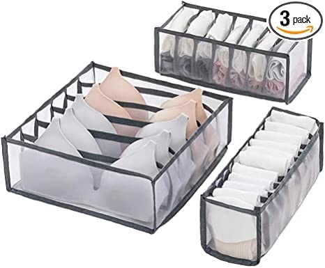 Underwear Drawer Organizer, 3 PCS Bra Sock Drawer Organizers for Women, Foldable Closet Storage Drawer Divider for Underwear Socks Clothes Stockings Scarves Ties and Bras（6/7/11 Compartments, Grey）