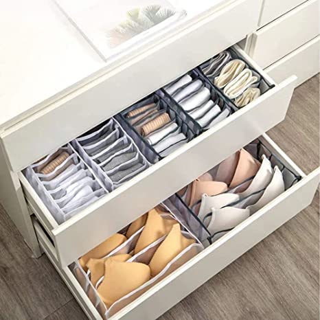 Underwear Drawer Organizer, 3 PCS Bra Sock Drawer Organizers for Women, Foldable Closet Storage Drawer Divider for Underwear Socks Clothes Stockings Scarves Ties and Bras（6/7/11 Compartments, Grey）