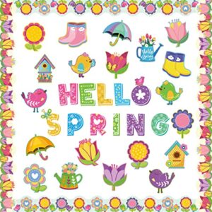 67 pcs hello spring cutouts, spring bulletin board decoration set flower accents diy paper cutouts with 100pcs glue points seasonal classroom decor for school kindergarten spring party supplies