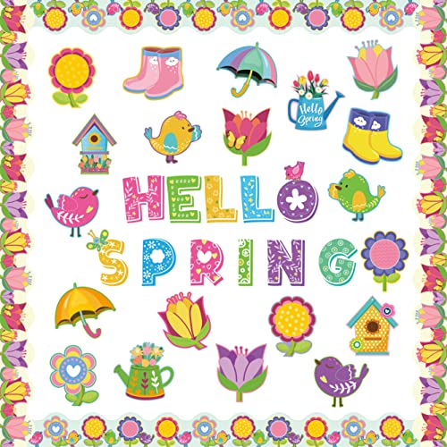 67 Pcs Hello Spring Cutouts, Spring Bulletin Board Decoration Set Flower Accents DIY Paper Cutouts with 100Pcs Glue Points Seasonal Classroom Decor for School Kindergarten Spring Party Supplies