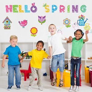 67 Pcs Hello Spring Cutouts, Spring Bulletin Board Decoration Set Flower Accents DIY Paper Cutouts with 100Pcs Glue Points Seasonal Classroom Decor for School Kindergarten Spring Party Supplies