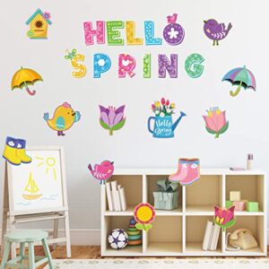 67 Pcs Hello Spring Cutouts, Spring Bulletin Board Decoration Set Flower Accents DIY Paper Cutouts with 100Pcs Glue Points Seasonal Classroom Decor for School Kindergarten Spring Party Supplies