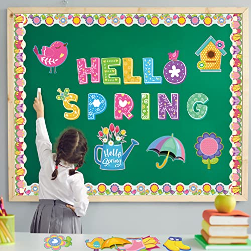 67 Pcs Hello Spring Cutouts, Spring Bulletin Board Decoration Set Flower Accents DIY Paper Cutouts with 100Pcs Glue Points Seasonal Classroom Decor for School Kindergarten Spring Party Supplies