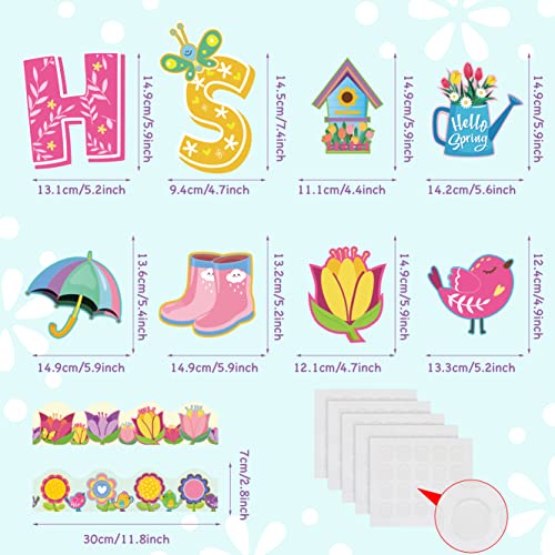 67 Pcs Hello Spring Cutouts, Spring Bulletin Board Decoration Set Flower Accents DIY Paper Cutouts with 100Pcs Glue Points Seasonal Classroom Decor for School Kindergarten Spring Party Supplies