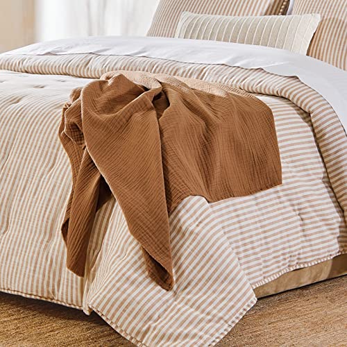 Nate Home by Nate Berkus Lightweight Cotton Washed Gauze Textured Weave Throw Blanket | Breathable, All-Season Decoration for Bedding from mDesign - Bronze (Brown)