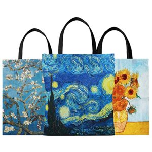 suyuanart 3 pack reusable aesthetic tote bag, van gogh post-impressionism art canvas carry on shoulder tote,women work beach travel