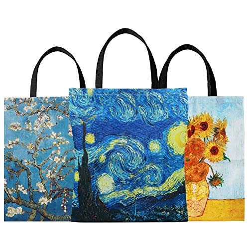 SuyuanArt 3 Pack Reusable Aesthetic Tote Bag, Van Gogh Post-Impressionism Art Canvas Carry on Shoulder Tote,Women Work Beach Travel