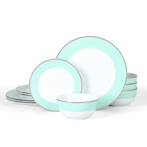 martha stewart gracie lane porcelain decorated dinnerware set - martha blue w/gold rim, service for 4 (12pcs)