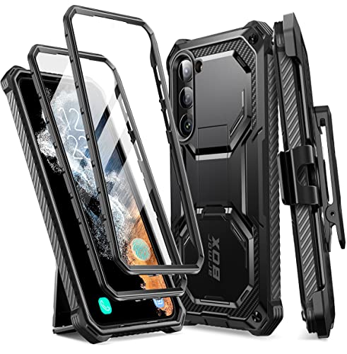 i-Blason Armorbox for Samsung Galaxy S23 Case with Built-in Screen Protector, [2 Front Frames] Full-Body Rugged Anti-Slip Bumper Case with Kickstand & Belt Clip Holster (Black)