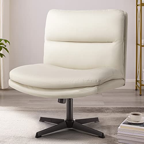 PUKAMI Armless Desk Chair No Wheels,PU Leather Criss Cross Legged for Home Office,Modern Swivel Vanity,Mid-Back Computer Chair,Height Adjustable Wide Seat Task Chair (Beige)