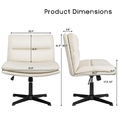 PUKAMI Armless Desk Chair No Wheels,PU Leather Criss Cross Legged for Home Office,Modern Swivel Vanity,Mid-Back Computer Chair,Height Adjustable Wide Seat Task Chair (Beige)