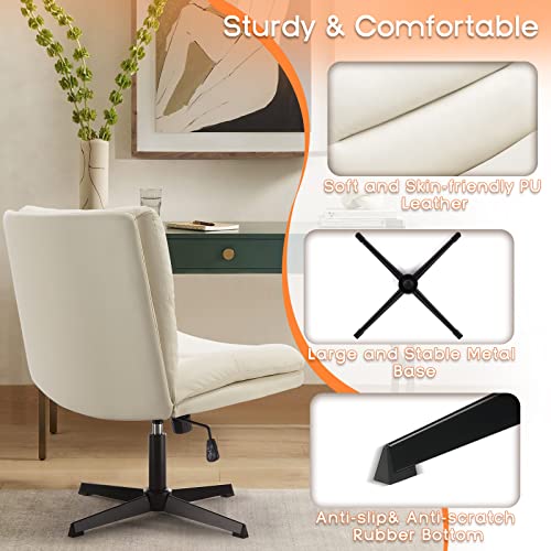 PUKAMI Armless Desk Chair No Wheels,PU Leather Criss Cross Legged for Home Office,Modern Swivel Vanity,Mid-Back Computer Chair,Height Adjustable Wide Seat Task Chair (Beige)