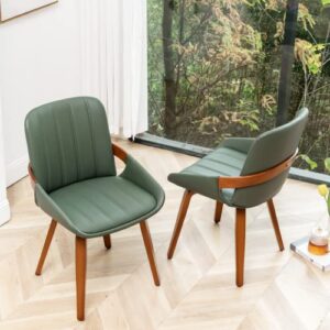 YOUUGIOR Mid Century Modern Faux Leather Upholstered Dining Chairs Set of 2,Armless Accent Chairs with Sturdy Natural Wood Legs,Bamboo Backrest Support for Kitchen&Dining Room Chairs(Green PU)