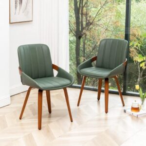 youugior mid century modern faux leather upholstered dining chairs set of 2,armless accent chairs with sturdy natural wood legs,bamboo backrest support for kitchen&dining room chairs(green pu)