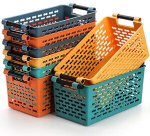 yesland 8 pack plastic storage basket for shelves, 12 x 6 x 5 inches basket organizer bin with handles sturdy closet baskets for home office closet - yellow, orange, blue, green