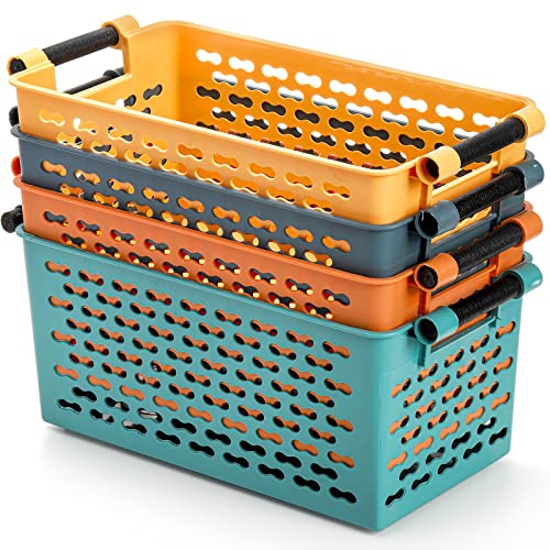 Yesland 8 Pack Plastic Storage Basket for Shelves, 12 x 6 x 5 Inches Basket Organizer Bin with Handles Sturdy Closet Baskets for Home Office Closet - Yellow, Orange, Blue, Green