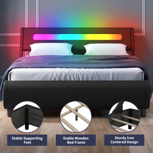 ZAFLY Modern Platform Full Bed Frame,Full Size Bed Frame with RGB LED Headboard,Wooden Slats Support/No Box Spring Needed/No Mattress,Black