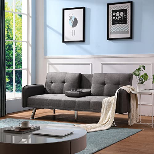 OYN Modern Futon Sofa Loveseat Convertible Sleeper Couch Bed Futonbed for Living Room Apartment Small Space Furniture Sets with 2 Cup Holders,Metal Legs, Removable Soft Square Armrest,Dark Gray