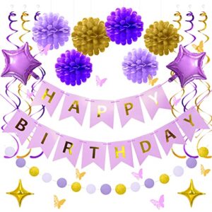 purple gold birthday party decorations set,happy birthday banner with tissue paper pom poms,butterfly stickers,circle dot garland,foil balloons and hanging swirls for girls women adult party supplies