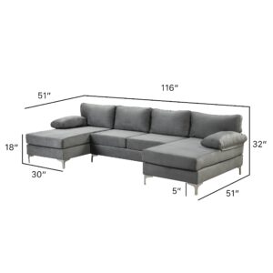 Casa Andrea Milano Modern Large Velvet Fabric U-Shape Sectional Sofa, Double Extra Wide Chaise Lounge Couch