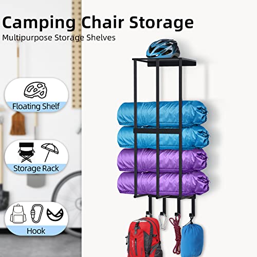 CYFOU Camping Chair Wall Storage for Garage, Metal Camping Chair Wall Mount Holder with 4 Hooks, Beach Chair and Umbrella Wall Storage Rack, Black