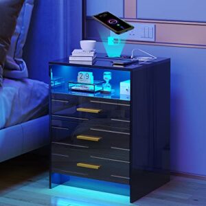 hnebc led nightstand with charging station, high gloss black night stands with wireless/usb/type-c charging station, human body induction smart bedside tables, 3 drawers/20 color modes