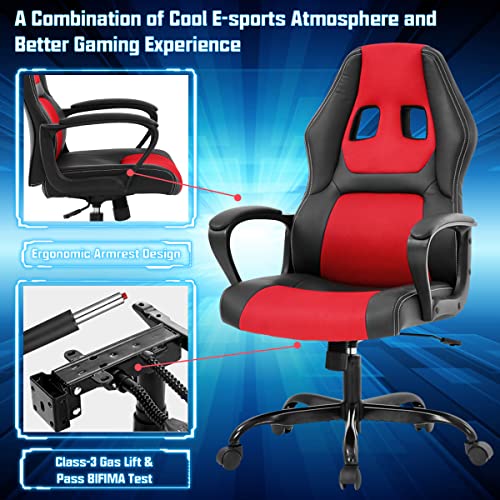 Gaming Chair PC Computer Chair Office Chair for Adult Teen Kids, Ergonomic PU Leather Gamer Chair with Lumbar Support High Back Adjustable Rolling Swivel Desk Chair, Red