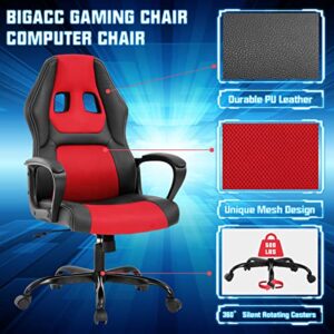 Gaming Chair PC Computer Chair Office Chair for Adult Teen Kids, Ergonomic PU Leather Gamer Chair with Lumbar Support High Back Adjustable Rolling Swivel Desk Chair, Red