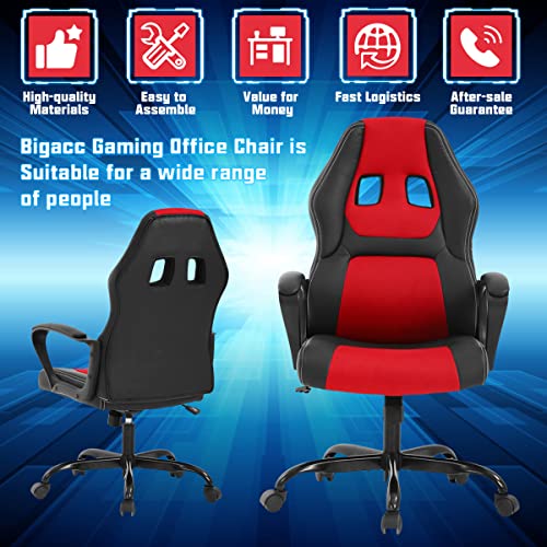 Gaming Chair PC Computer Chair Office Chair for Adult Teen Kids, Ergonomic PU Leather Gamer Chair with Lumbar Support High Back Adjustable Rolling Swivel Desk Chair, Red