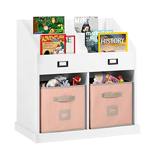 2 in 1 Bookshelf, Wood Display Bookcase and Storage Organizer, 2 Storage Boxes, Free Standing Book Rack for Home Office Bedroom Living Room Reading Nook, Pink