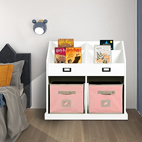2 in 1 Bookshelf, Wood Display Bookcase and Storage Organizer, 2 Storage Boxes, Free Standing Book Rack for Home Office Bedroom Living Room Reading Nook, Pink