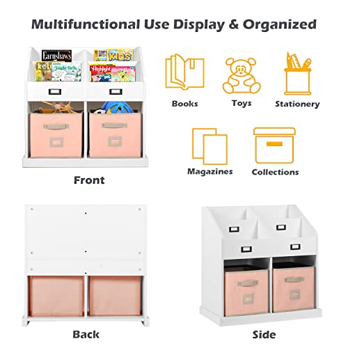 2 in 1 Bookshelf, Wood Display Bookcase and Storage Organizer, 2 Storage Boxes, Free Standing Book Rack for Home Office Bedroom Living Room Reading Nook, Pink