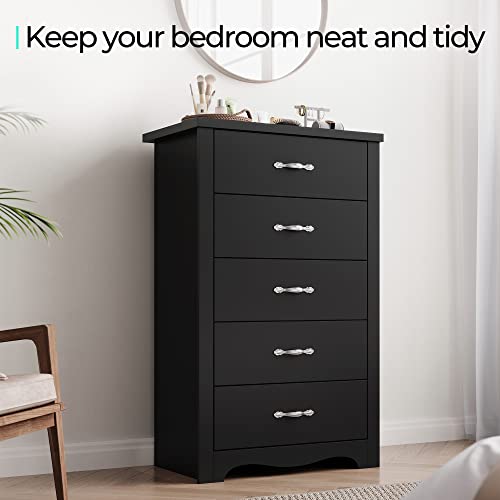 LINSY HOME 5 Drawer Chest, Dresser for Bedroom, Nursery Dresser Organizer, Tall Dresser Chest of Drawers for Kids Bedroom - Black