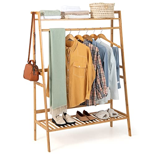 GOFLAME Bamboo Garment Rack, Heavy Duty Clothes Rack w/Top Shelf, Hanging Rod, Shoe Storage Shelf, Side Hooks, Freestanding Coat Rack, Clothing Storage Organizer for Bedroom Living Room