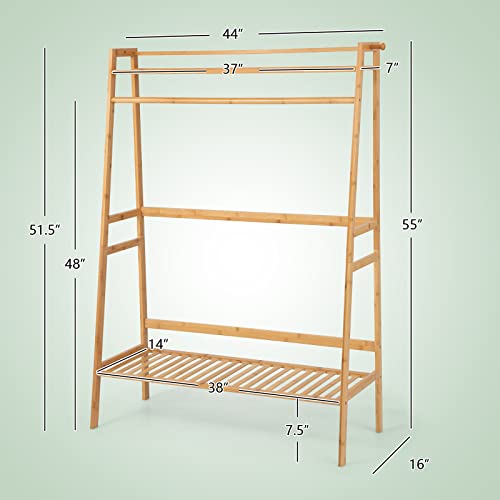 GOFLAME Bamboo Garment Rack, Heavy Duty Clothes Rack w/Top Shelf, Hanging Rod, Shoe Storage Shelf, Side Hooks, Freestanding Coat Rack, Clothing Storage Organizer for Bedroom Living Room