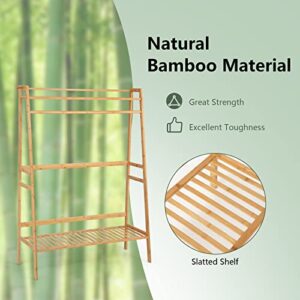 GOFLAME Bamboo Garment Rack, Heavy Duty Clothes Rack w/Top Shelf, Hanging Rod, Shoe Storage Shelf, Side Hooks, Freestanding Coat Rack, Clothing Storage Organizer for Bedroom Living Room