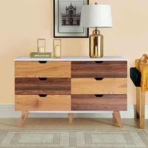 eazehome 6 drawer dresser, mid-century modern dresser with wide double drawer, 6 chest of drawers wood storage cabinet for bedroom, living room, entryway