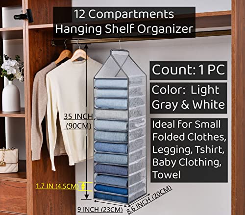 Fordonral Hanging Closet Organizer 12 Shelves, Small Compartments Wardrobe Hanging Organizer for T Shirt Towel Legging Organizer, Space Saving Closet Organizers and Storage, 1 Pack