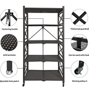 5-Shelf Foldable Storage Shelves with Wheels, Metal Shelves Heavy Duty Large Capacity Storage Shelving Unit, No Assembly, for Garage Kitchen, Warehouse, Closet, Basement and Pantry (Black, 5 Tier)